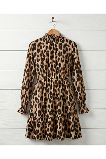 pazarella Women's Long Sleeve Semi-Turtleneck Leopard Printed Modal Mini Dress