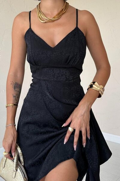 Gökyüzü Moda Black Jacquard Asymmetrical Dress