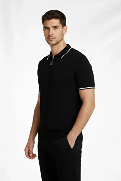Gökyüzü Moda Men's zip-up collar Corded Fabric knit short sleeve regular fit ...