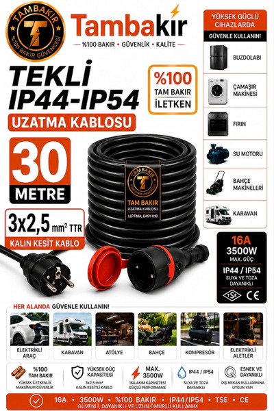 Tambakır 5-50 Metre 3x2,5mm TTR Tekli Kauçuk Topraklı Uzatma Kablosu %100 Tam...