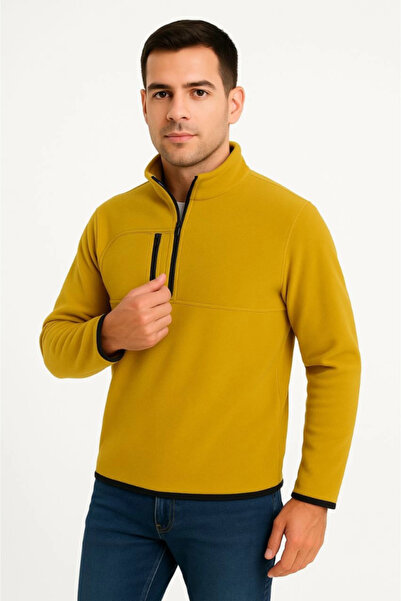 MODA ŞEHRİ Men's Fleece Sweatshirt – Stand Collar, Half Zipper, Zippered Ches...