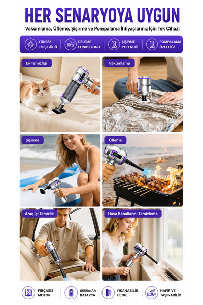 ULTRATEKNO Carboon Serisi SPR-18 20.000 Pa 6000 mAh Kablosuz Araç Süpürgesi Üfleme Özellikli + Taşıma Çantası
