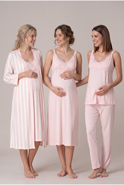 Pelin Women's Powder Plaid Striped Lace Detailed Maternity Pajama Nightgown S...