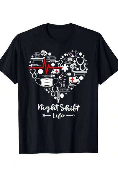 135 Men'S Black T-Shirt Heartbeat Pattern And "Night Shift Life" Print | Regu...