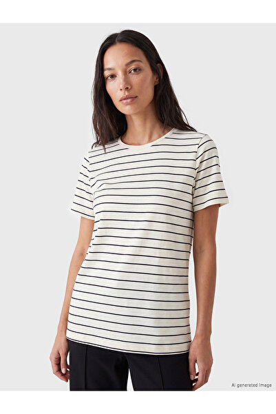 LC Waikiki Ecru Crew Neck Striped Women's T-Shirt