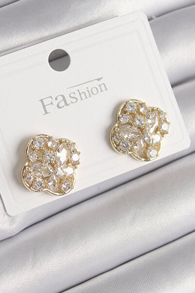 DMR Elegance Brass Gold Color Zircon Stone Clover Model Women's Earrings