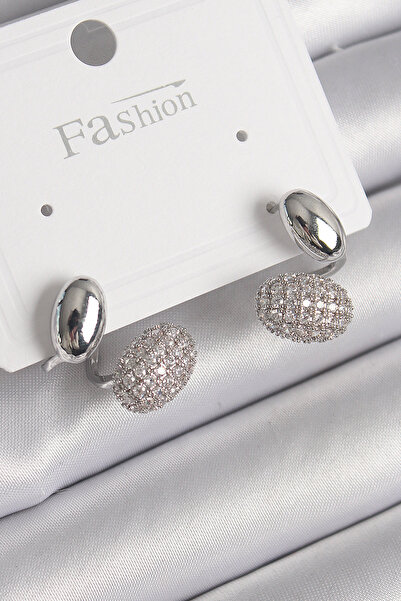 deluxe takı ve giyim Brass Silver Color Zircon Stone Curved Model Women's Ear...