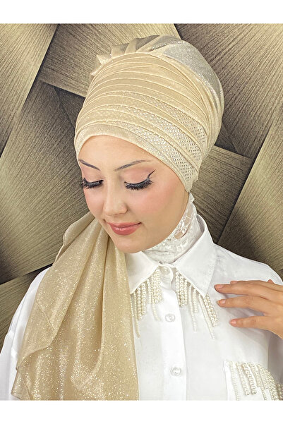 MY UKİYO STORE YELPAZE MODEL TESETTÜR TAŞ BASKILI DRAPELİ SİMLİ ABİYE BONE ŞAL