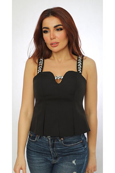 2TRENDY Women's Black Sequin Detailed Bib Strap Blouse