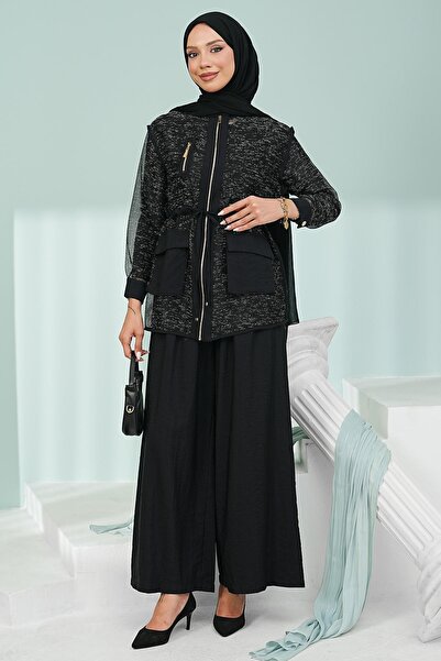 İmajButik Black Waist-Tie Undergarment Jacket and Trousers 3-Piece Set