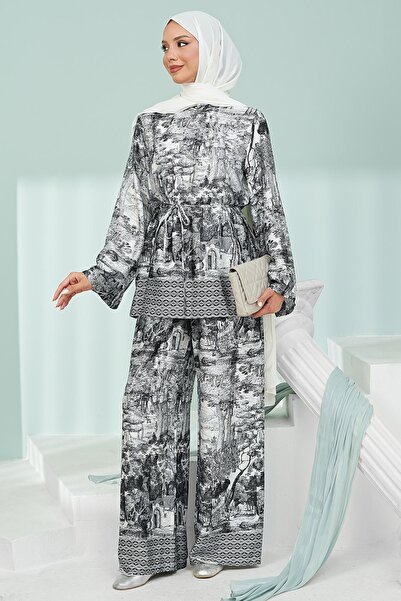 İmajButik Black Patterned Tunic Trouser Suit