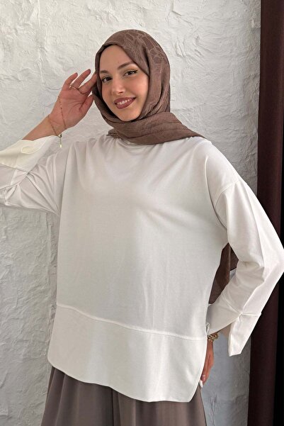 Modaensarbutik Oversize Yırtmaçlı Ribana Detaylı Sweatshirt-BEYAZ