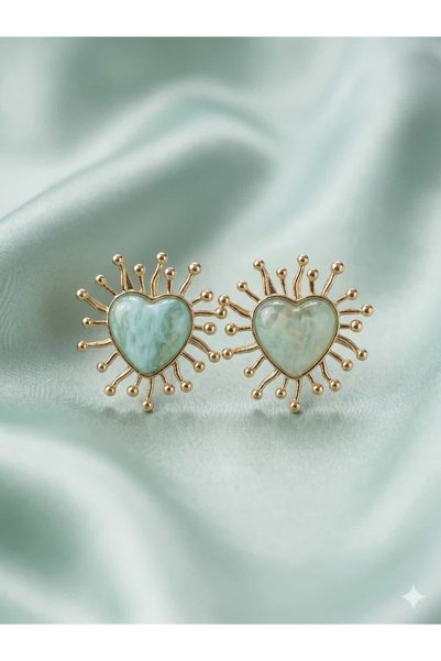 BİJU Sun Ray Detailed Water Green Heart Earrings - Vintage Boho Model