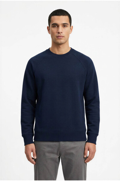 Regular Fit Crew Neck Logosuz-Baskısız Lacivert Şardonsuz 3 İplik Sweatshirt