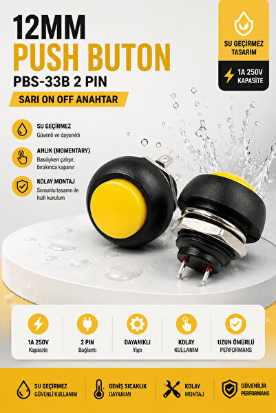 RoboPazar 12mm PBS-33B 2 Pin Push Buton Sarı ON OFF 1A 250V Mini Yuvarlak Su ...