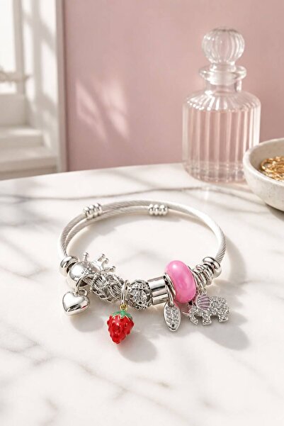 LYKOS Steel Bracelet with Elephant and Strawberry Figures and Multiple Charm ...