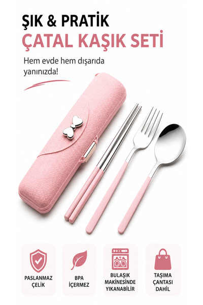 Pembe Taşıma Kutulu Paslanmaz Çelik Çatal Kaşık Çubuk Seti | Seyahat, Ofis ve Kamp Kullanımına Uygun 4 Parça