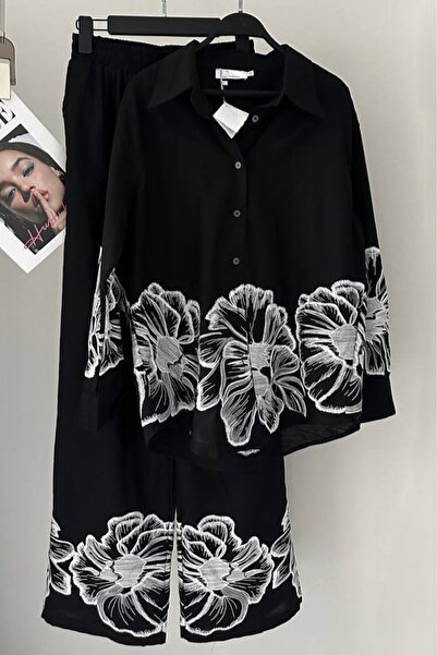 NEW STATION Women's Flower Embroidered Design Shirt and Pants Linen Fabric Du...