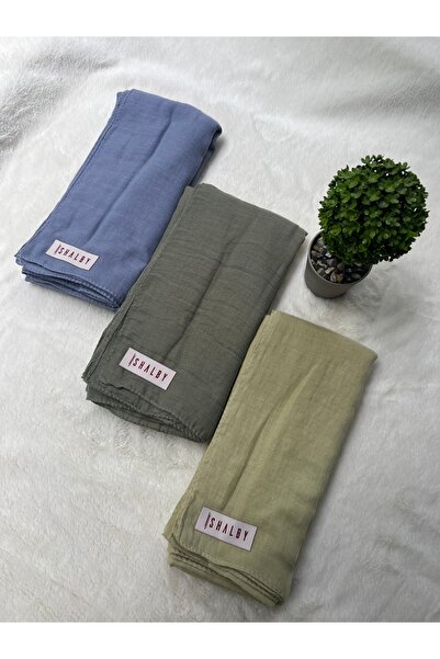 shalby Hijab Plain Cotton Crash Shawl Set of 3 (Blue - Sage - Pastel Yellow)