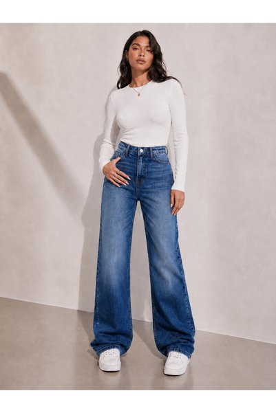 SHEVEGA Kadın Mavi Bol Paça Palazzo Jeans Salaş Kot Pantolon
