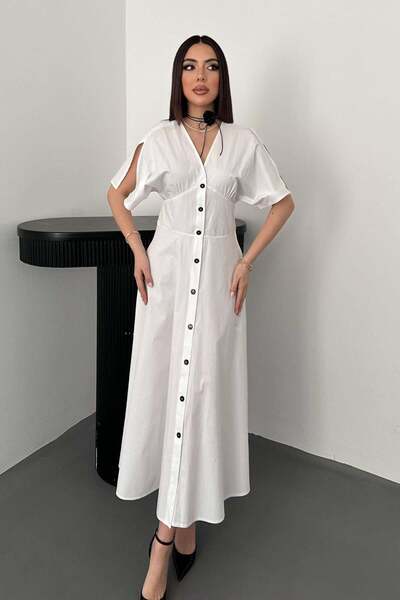 Clothes Fast فستان نسائي أبيض متوسط الطول بأزرار وياقة على شكل V وأكمام قصيرة...