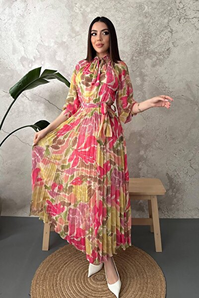 Moda Days Rochie lungă de damă, galbenă, cu imprimeu floral, plisată, cu cord...