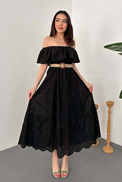 Clothes Fast فستان ماكسي نسائي أسود مطرز بدون أكتاف وياقة مكشكشة وقصة واسعة م...