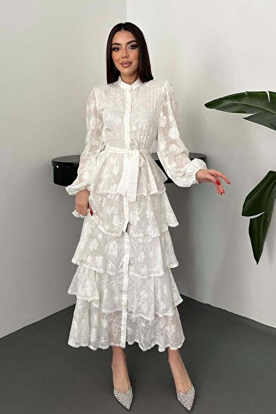 Moda Days Women's White Dress Layered Flounce Floral Patterned Belted Buttone...