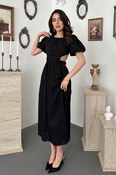 Clothes Fast Women's Black Midi Dress with Balloon Sleeves, Belted Waist, Low...