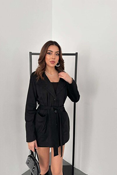 Moda Days سترة نسائية سوداء ذات ياقة من الجلد السويدي، مزودة بحزام وأزرار وجي...