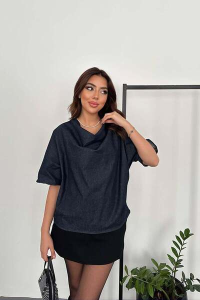 Clothes Fast بلوزة نسائية من الدنيم الأزرق بياقة ديجاجي وأكمام قصيرة وقصة مريحة