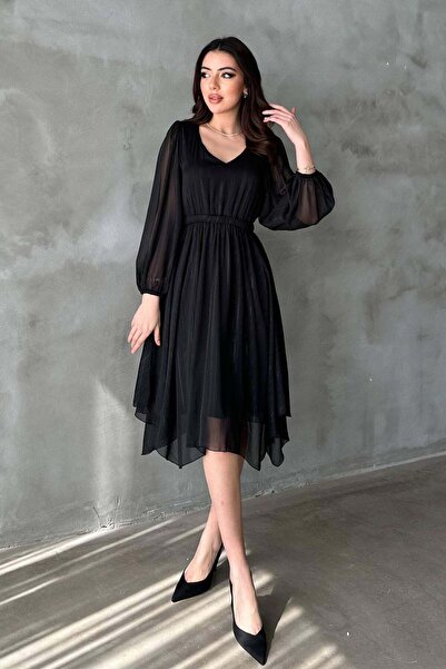 Clothes Fast Women's Black Shimmering V-Neck Long Balloon Sleeve Asymmetrical...