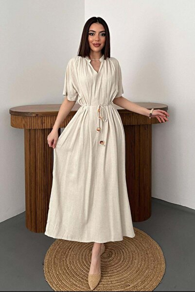 Moda Days Women's Beige Maxi Dress V-Neck Short Sleeve Gathered Belted Slit