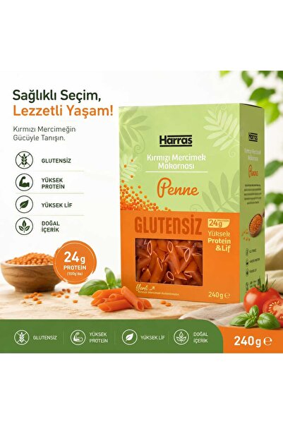 Harras Glutensiz Proteinli Kırmızı Mercimek Makarnası Penne 240g