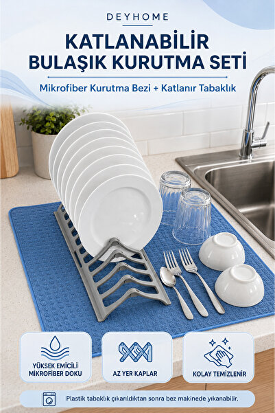 DEYHOME Katlanabilir Bulaşık Kurutma Seti Mikrofiber Kurutma Bezi ve Plastik ...