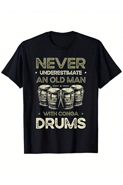 LİNA06 Men's Retro Drum T-Shirt - Bold Music Lettering & Conga Drums Print, S...