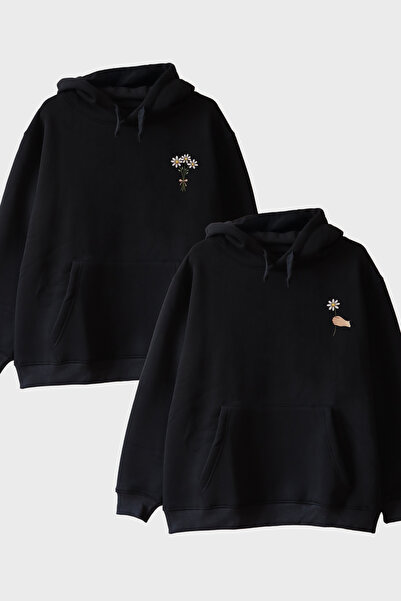 lofux Daisy Patterned Black Hoodie