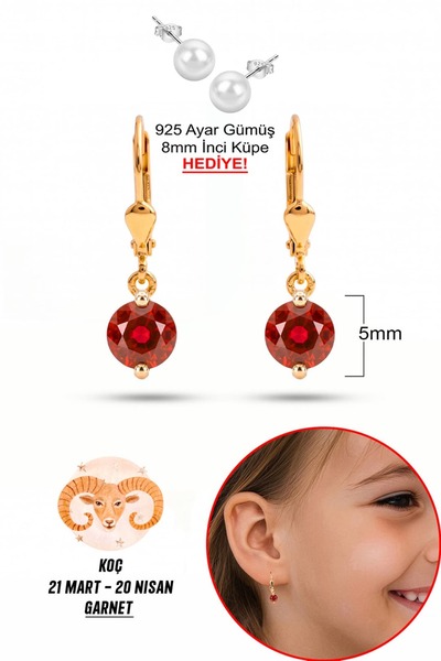 klas gümüş 925 Ayar Gümüş Çocuk Küpesi | 5 mm Garnet Taşlı Sallantılı Küpe | ...