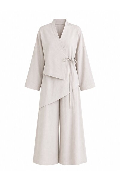 Laluvia Beige Waist Design Detailed Kimono Set - Tk8009