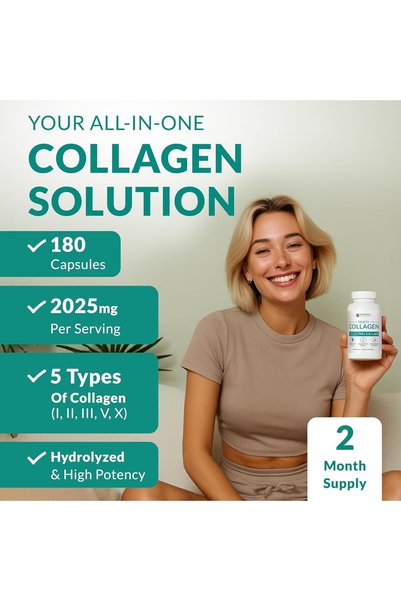 Natural Multi Collagen 180 Protein Capsules - Type I, II, III, V, X Collagen Pills - Proprietary Blend of Eggshell, Chicken, Wild Fish & Grass-Fed Beef Collagen Peptides - 2025mg per serv