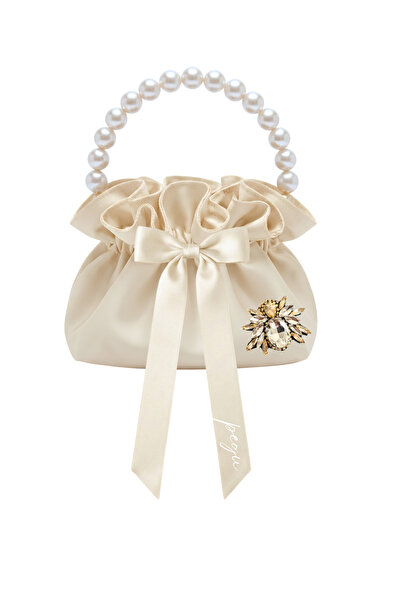 pegu baby collection Ekru Cotton Satin Bag, with Crystal Glass Stone Decorati...