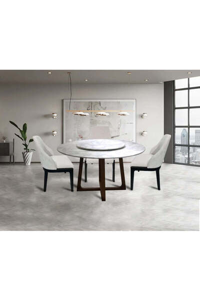 Roots Furniture طاولة طعام من الرخام الأبيض والخيزران - تتسع لـ 4 أشخاص
