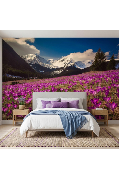 DecorDrive Karlı Dağlar ve Mor Çiçek Tarlası Manzaralı Duvar Kağıdı