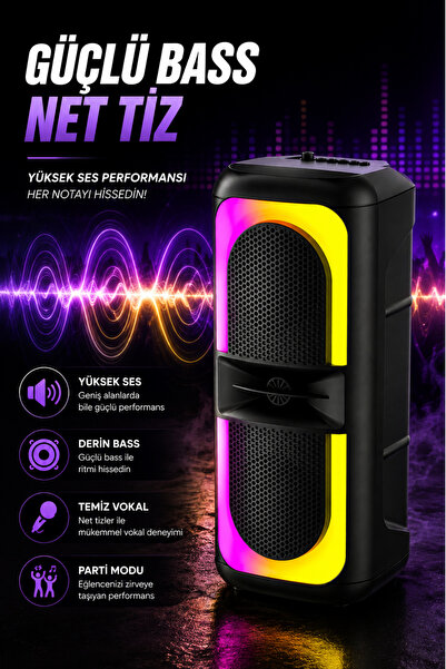 Omaze Bluetooth Hoparlör Karaoke Kablolu Mikrofonlu Taşınabilir RGB Işıklı Şarjlı TWS Stereo Ses Sistemi