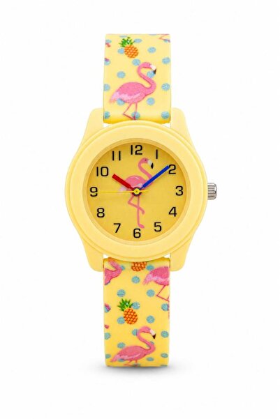 Saattino Flamingo Ve Ananas Desenli Kız Çocuk Kol Saati Sarı Rakamlı Saat ST-...