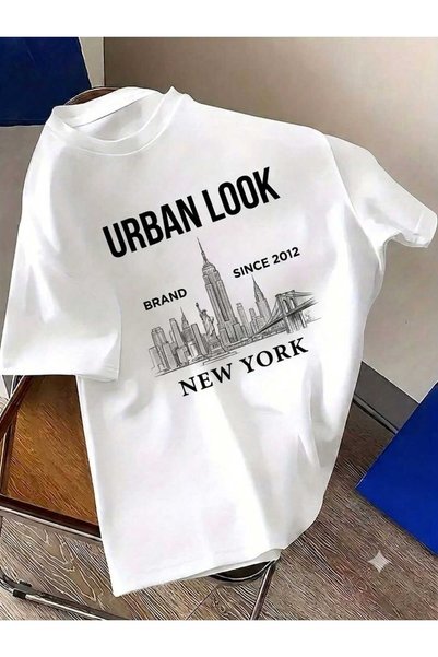 Urban Look Unisex White Oversize Palm Tree Patterned Summer T-Shirt