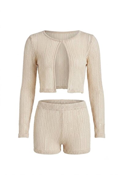 AQUELLA Guipure Knitwear Beige Cardigan Shorts Set