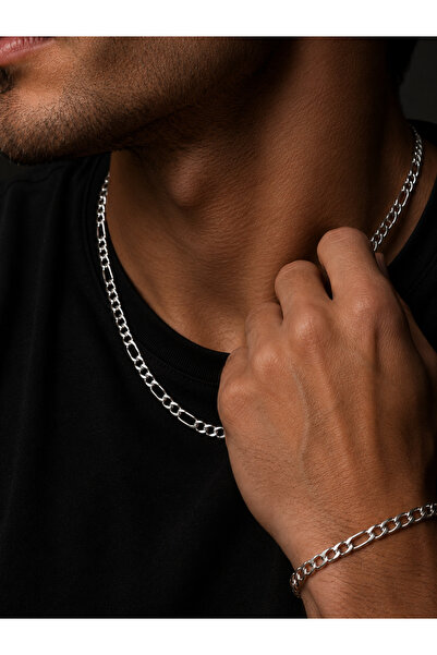 CAXBERN Unisex Figaro Silver Necklace and Bracelet