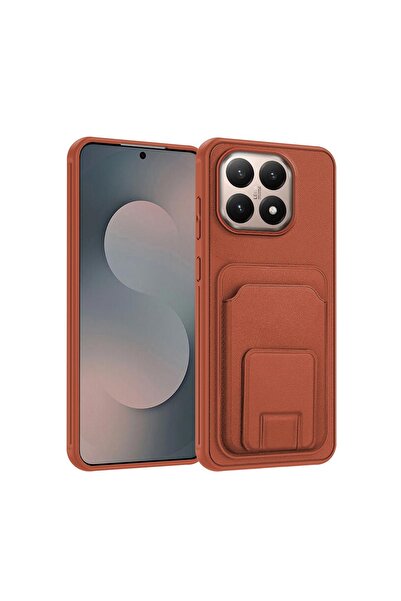 Zebana Xiaomi Mi 15T Uyumlu Kılıf FlexStand Kartlıklı Silikon Kılıf Kahverengi
