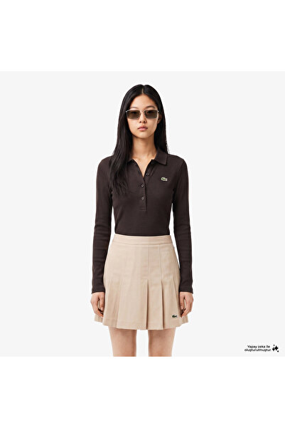 Lacoste L.12.D Kadın Slim Fit Uzun Kollu Kahverengi Polo